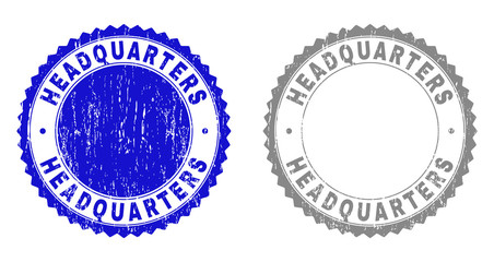 Obraz premium Grunge HEADQUARTERS stamp seals isolated on a white background. Rosette seals with grunge texture in blue and gray colors. Vector rubber watermark of HEADQUARTERS text inside round rosette.