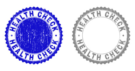 Grunge HEALTH CHECK stamp seals isolated on a white background. Rosette seals with grunge texture in blue and grey colors. Vector rubber stamp imitation of HEALTH CHECK caption inside round rosette.