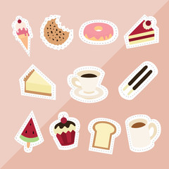sweet desserts ice cream cookie donut red velvet cheesecake coffee watermelon bread cupcake milk on pink background