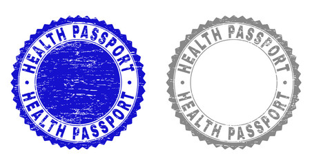 Grunge HEALTH PASSPORT stamp seals isolated on a white background. Rosette seals with grunge texture in blue and gray colors. Vector rubber watermark of HEALTH PASSPORT label inside round rosette.