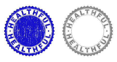 Grunge HEALTHFUL stamp seals isolated on a white background. Rosette seals with grunge texture in blue and grey colors. Vector rubber stamp imprint of HEALTHFUL caption inside round rosette.