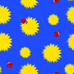 Bright Dandelion yellow flowers with red ladybugs seamless pattern. Spring or summer floral pattern on blue background