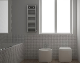 Fototapeta na wymiar Modern minimalist bathroom with parquet oak wood floor and white mosaic tiles, window and bathtub, contemporary architecture interior design