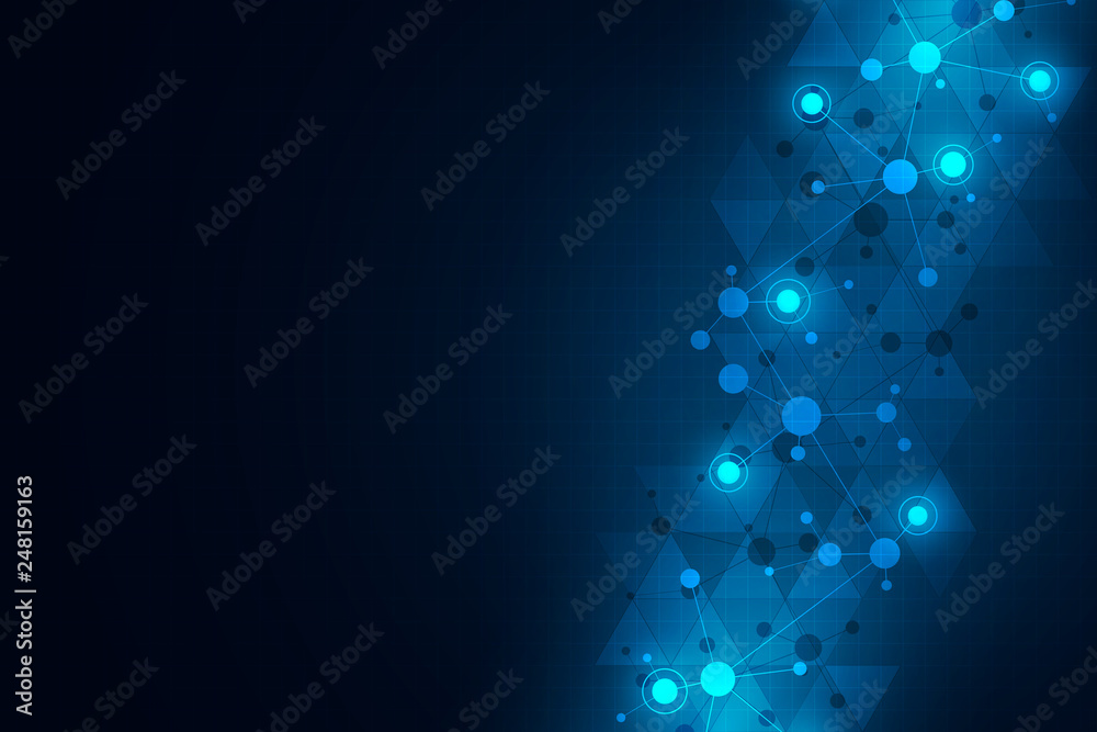 Wall mural abstract technology background with molecular structures and neural network. molecules dna and genet