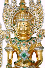 Fototapeta premium Chachoengseo, Thailand-February 3, 2019:Buddha statue Decorated with jewel ,isolated on white