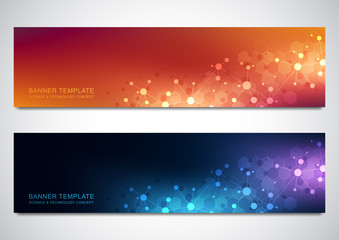 Fototapeta na wymiar Banners design template with molecules background and neural network. Science and technology background of genetic engineering or laboratory research.