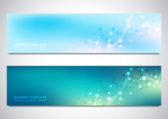 Banners design template with molecules background and neural network. Science and technology background of genetic engineering or laboratory research.