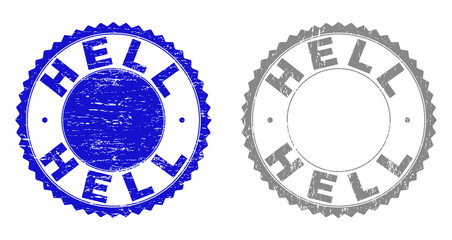 Grunge HELL stamp seals isolated on a white background. Rosette seals with grunge texture in blue and grey colors. Vector rubber stamp imprint of HELL title inside round rosette.