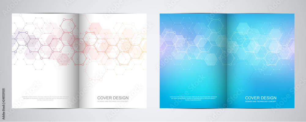 Wall mural bi fold brochure template with hexagons pattern. geometric abstract background of molecular structur