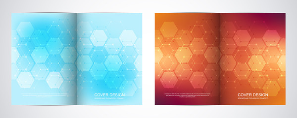Fototapeta premium Bi fold brochure template with hexagons pattern. Geometric abstract background of molecular structures and chemical compounds.