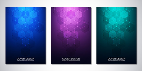 Fototapeta na wymiar Vector templates for cover or brochure, with hexagons pattern. Hi-tech background of molecular structures and chemical engineering. Science and technology concept.