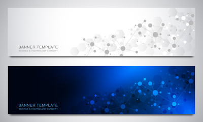 Banners design template with molecules background and neural network. Science and technology background of genetic engineering or laboratory research.