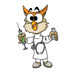 illustration of a doctor owl holding a syringe and medicine in his hands