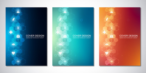 Fototapeta na wymiar Vector templates for cover or brochure, with hexagons pattern and medical icons. Healthcare, science and technology concept.