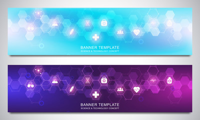 Fototapeta na wymiar Banners design template with hexagons pattern and medical icons. Healthcare, science and technology concept.