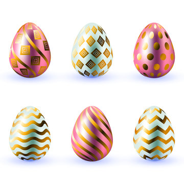 Golden 3D eggs set with pattern on white background vector illustration
