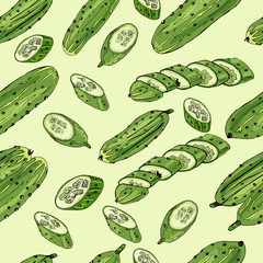 Seamless pattern of   hand drawn green cucumbers. Ink and colored sketch  on light green  background. Whole and sliced elementss