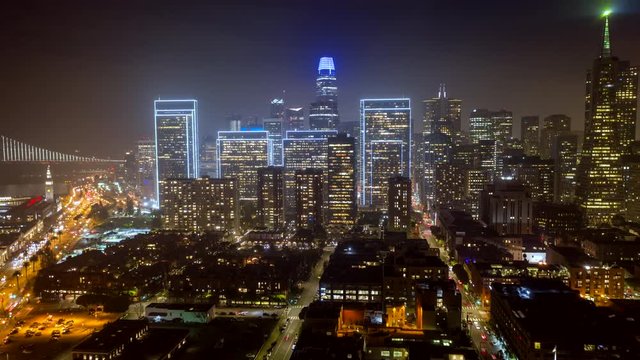 San Francisco Aerial v75 Hyperlapse cityscape at night moving away from Financial District toward Telegraph Hill to Bay12/18