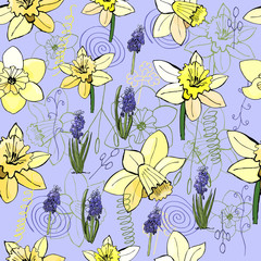 Seamless spring pattern with yellow and violet sketch flowers. Endless texture for your design, greeting cards, announcements, posters.