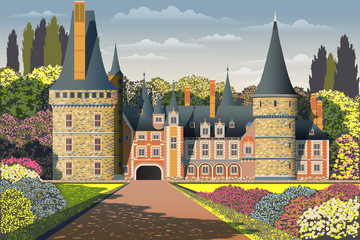 Medieval old gothic castle with a bridge, Park, flowering shrubs and trees. Flat design. © alaver