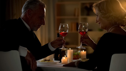 Senior male and female toasting with wine glasses, aged couple flirting on date