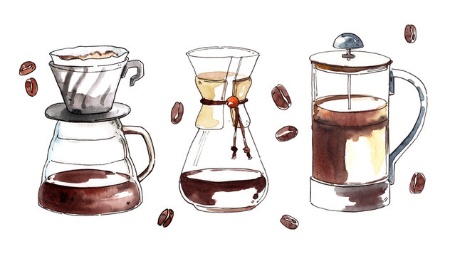 Watercolor hand-painted coffee kemex, hario and french press illustration set on white background