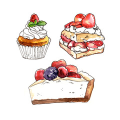 Watercolor hand-painted sweet dessert cake illustration on white background