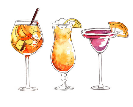 Watercolor Hand Painted Cocktail Spritz, Sex On The Beach And Cosmopolitan Simple Sketch Illustration Set On White Background