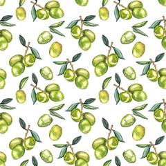 Watercolor hand-painted nature olive seamless pattern on white background