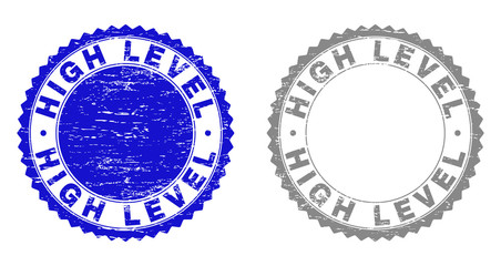 Grunge HIGH LEVEL stamp seals isolated on a white background. Rosette seals with grunge texture in blue and gray colors. Vector rubber stamp imitation of HIGH LEVEL tag inside round rosette.