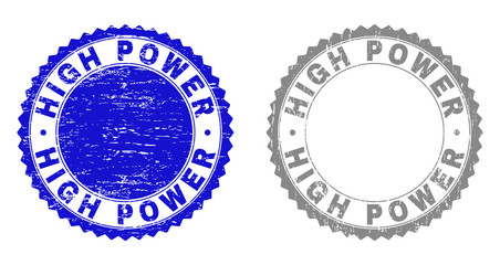 Grunge HIGH POWER stamp seals isolated on a white background. Rosette seals with grunge texture in blue and gray colors. Vector rubber stamp imprint of HIGH POWER text inside round rosette.