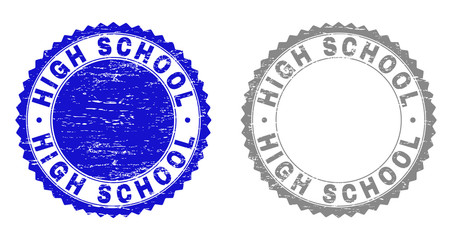 Grunge HIGH SCHOOL stamp seals isolated on a white background. Rosette seals with grunge texture in blue and gray colors. Vector rubber stamp imprint of HIGH SCHOOL tag inside round rosette.