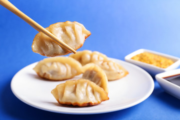 Eating of tasty Japanese gyoza, closeup