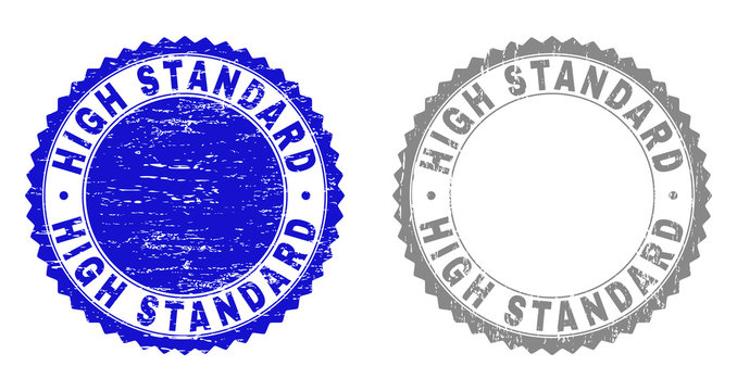 Grunge HIGH STANDARD stamp seals isolated on a white background. Rosette seals with grunge texture in blue and gray colors. Vector rubber stamp imprint of HIGH STANDARD label inside round rosette.