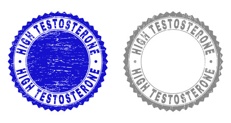 Grunge HIGH TESTOSTERONE stamps isolated on a white background. Rosette seals with grunge texture in blue and grey colors. Vector rubber stamp imprint of HIGH TESTOSTERONE tag inside round rosette.