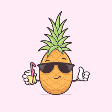 Pineapple with sunglasses drinking cocktail drink vector cartoon illustration
