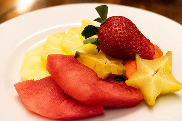 Plate of tropical fruits, organic desyuno, fiber and vitamins natural colors in Guatemala.