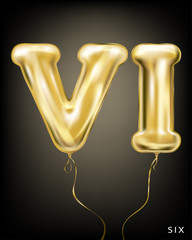 Roman 6 number, gold foil balloon VI form