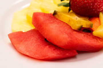  Plate of tropical fruits, organic desyuno, fiber and vitamins natural colors in Guatemala.