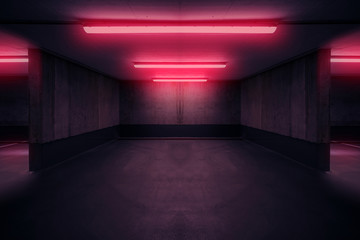 dark  parking deck with neon  light , underground basement  -