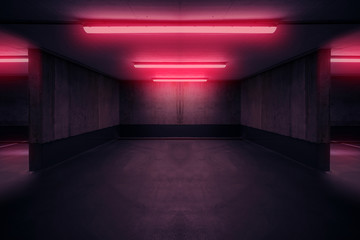 dark  parking deck with neon  light , underground basement  -