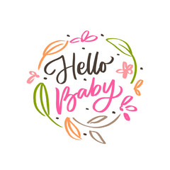 Hand drawn lettering hello baby for print, card, poster, decor. Kids lettering for baby shower.
