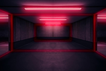  parking lot with neon light ,  dark underground garage -