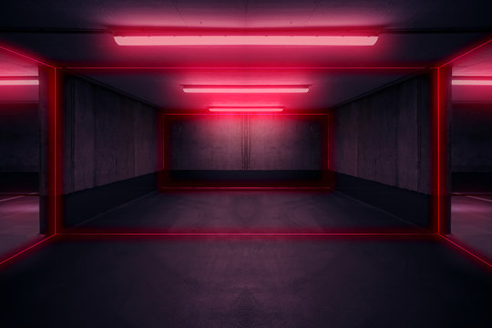  parking lot with neon light ,  dark underground garage -