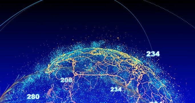 abstract globe with particles and plexus structure. Digital technology planet with continent forming. Triangulated structure. Glows and particles.