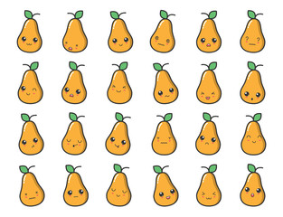 kawaii pear with cute black eyes. kawaii fruit with emotional faces