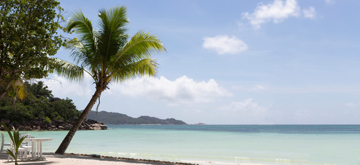 Tropical landscape panorama at Praslin island, Seychelles