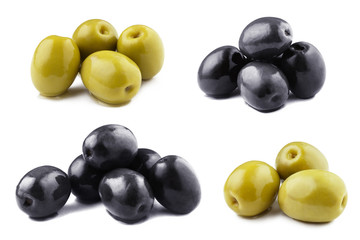 Set of delicious green and black olives, isolated on white background