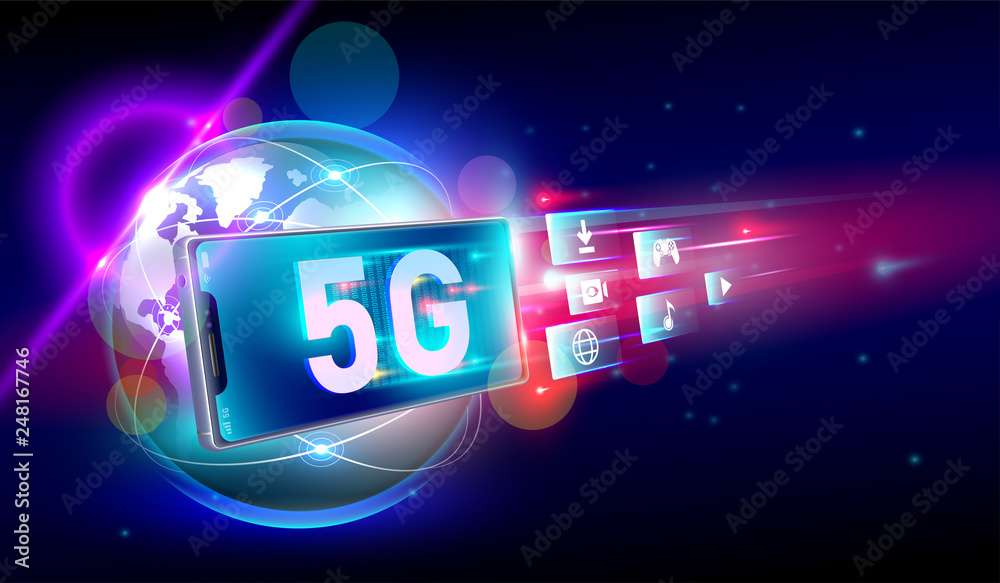 Poster moving forward light flare motion blur background with smartphone on high speed 5g network wireless 