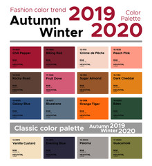 Fashion color trend Autumn Winter 2019-2020 and classic color palette. Palette fashion colors with named color swatches.